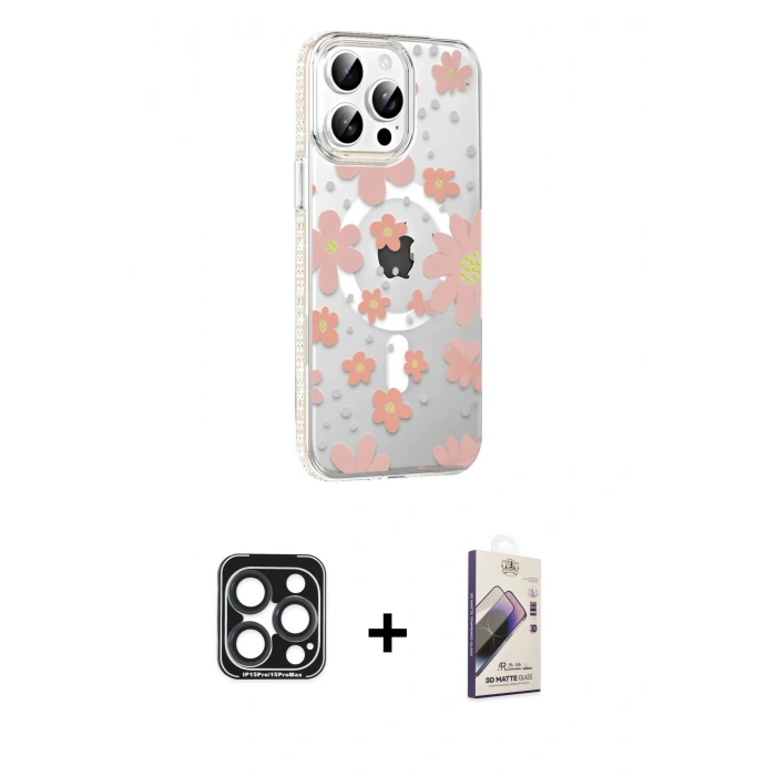 MARSİLYAN™- iPhone 15 Pro Max Kılıf Yörünge Işık Prime - Siyah Bilvis 3D Mat Cam Ekran Koruyucu + PVD Metal Kamera Lens - LT