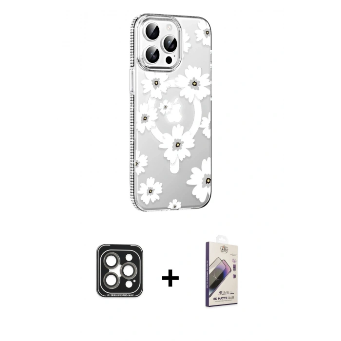 MARSİLYAN™- iPhone 15 Pro Max Kılıf Yörünge Işık Prime - Siyah Bilvis 3D Mat Cam Ekran Koruyucu + PVD Metal Kamera Lens - GI