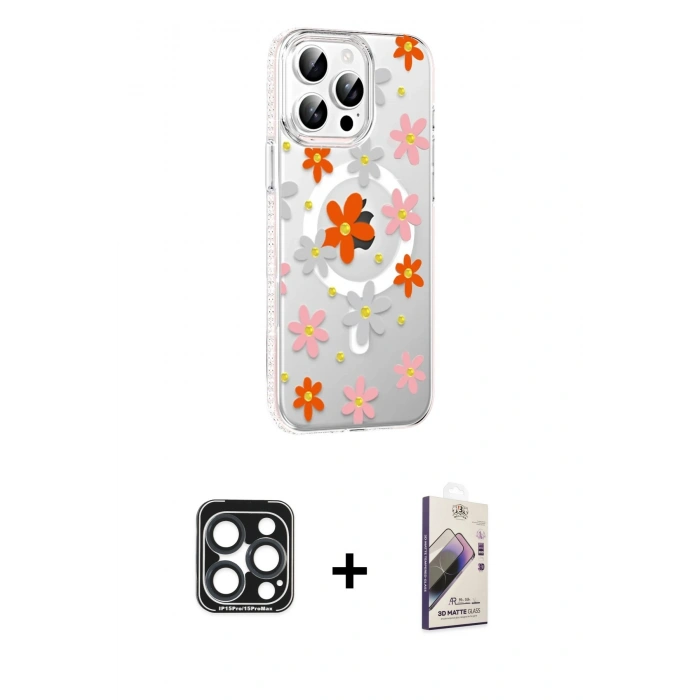 MARSİLYAN™- iPhone 15 Pro Max Kılıf Yörünge Işık Prime - Siyah Bilvis 3D Mat Cam Ekran Koruyucu + PVD Metal Kamera Lens - LT