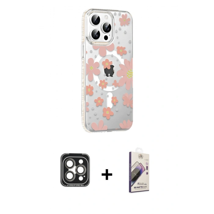 MARSİLYAN™- iPhone 15 Pro Max Kılıf Yörünge Işık Prime - Siyah Bilvis 3D Mat Cam Ekran Koruyucu + PVD Metal Kamera Lens - GI