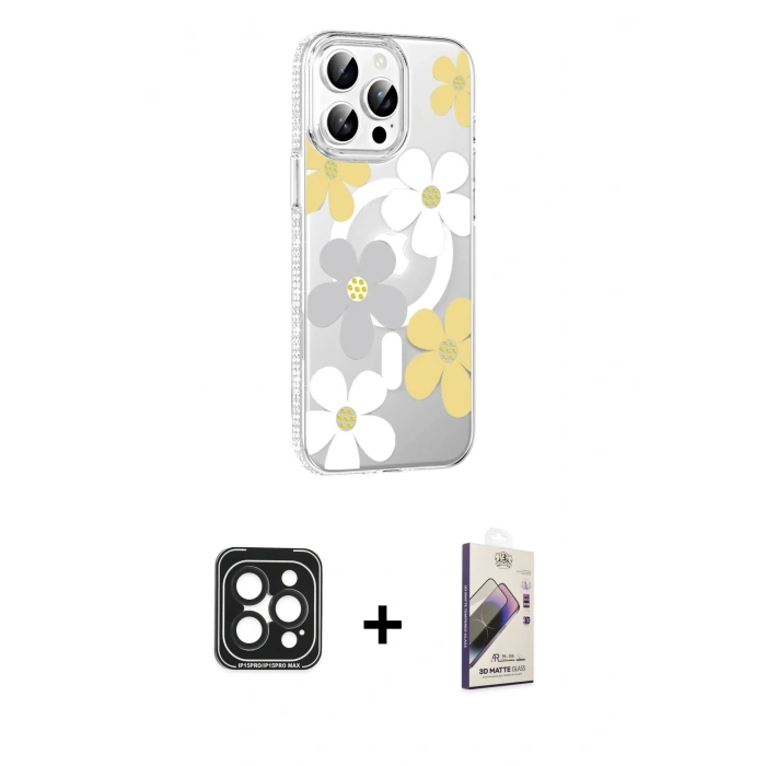 MARSİLYAN™- iPhone 15 Pro Max Kılıf Yörünge Işık Prime - Siyah Bilvis 3D Mat Cam Ekran Koruyucu + PVD Metal Kamera Lens - SH