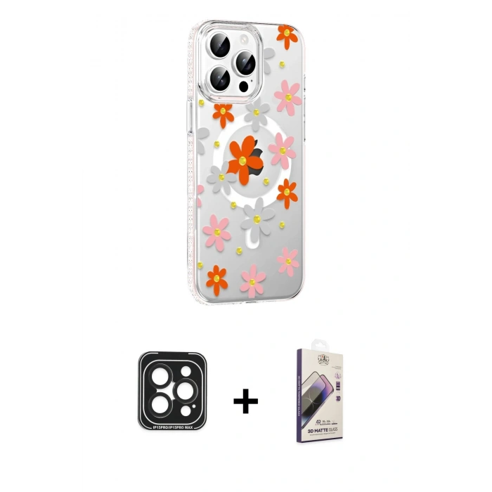 MARSİLYAN™- iPhone 15 Pro Max Kılıf Yörünge Işık Prime - Siyah Bilvis 3D Mat Cam Ekran Koruyucu + PVD Metal Kamera Lens - SH