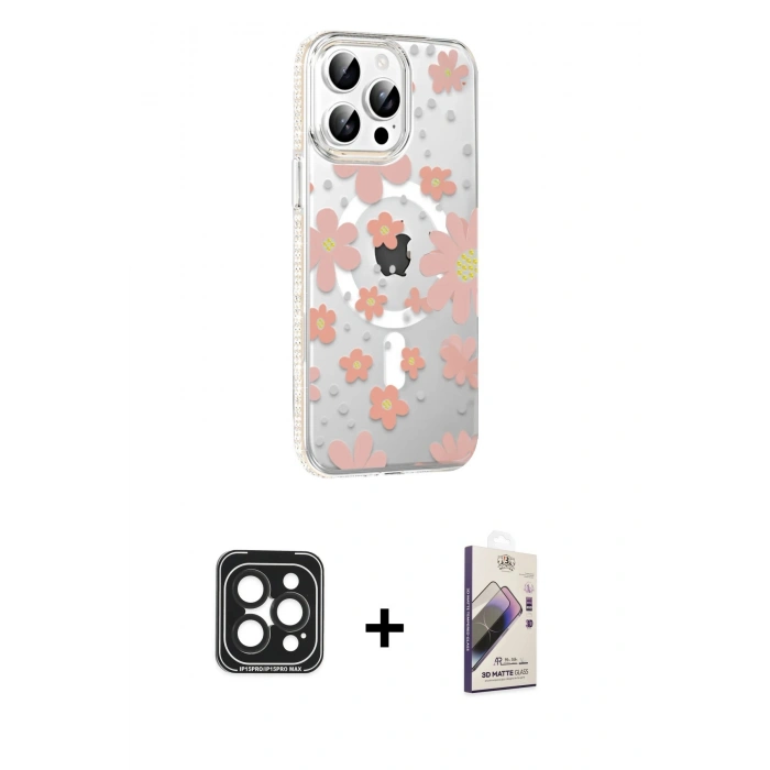 MARSİLYAN™- iPhone 15 Pro Max Kılıf Yörünge Işık Prime - Siyah Bilvis 3D Mat Cam Ekran Koruyucu + PVD Metal Kamera Lens - SH
