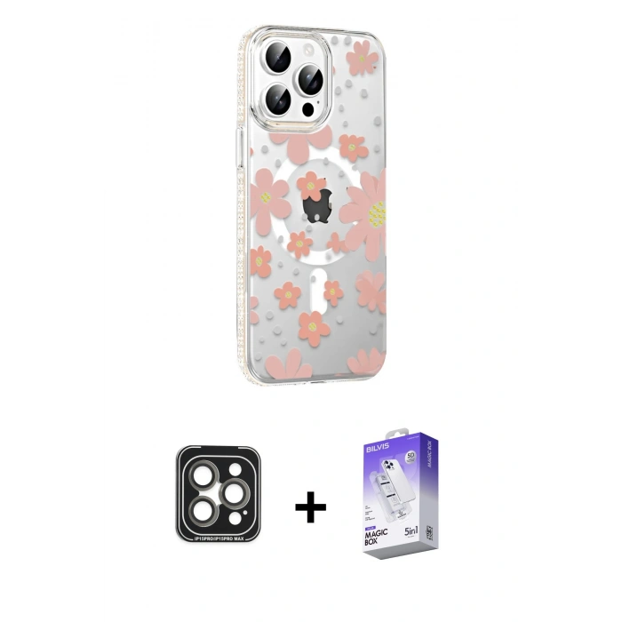 MARSİLYAN™- iPhone 15 Pro Max Kılıf Yörünge Işık Prime - Siyah Bilvis 5in1 3D Magic Cam Ekran Koruyucu + PVD Metal Kamera Lens - GI