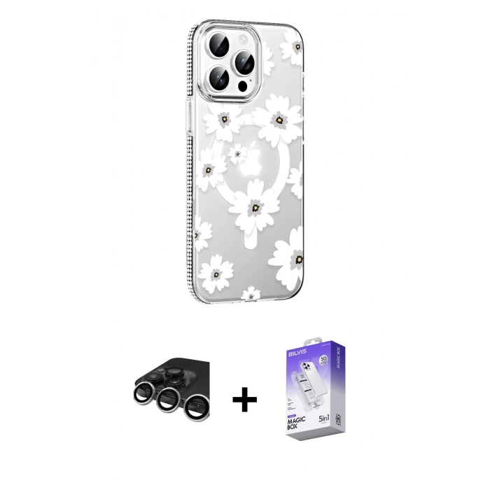 MARSİLYAN™- iPhone 15 Pro Max Kılıf Yörünge Işık Prime - Siyah Bilvis 5in1 3D Magic Cam Ekran Koruyucu + Raze Metal Kamera Lens - GS