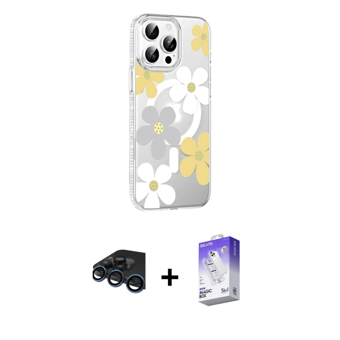 MARSİLYAN™- iPhone 15 Pro Max Kılıf Yörünge Işık Prime - Siyah Bilvis 5in1 3D Magic Cam Ekran Koruyucu + Raze Metal Kamera Lens - LT