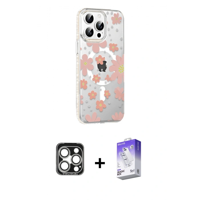MARSİLYAN™- iPhone 15 Pro Max Kılıf Yörünge Işık Prime - Siyah Bilvis 5in1 3D Magic Cam Ekran Koruyucu + PVD Metal Kamera Lens - GS
