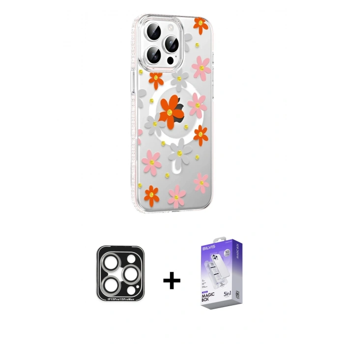 MARSİLYAN™- iPhone 15 Pro Max Kılıf Yörünge Işık Prime - Siyah Bilvis 5in1 3D Magic Cam Ekran Koruyucu + PVD Metal Kamera Lens - GS