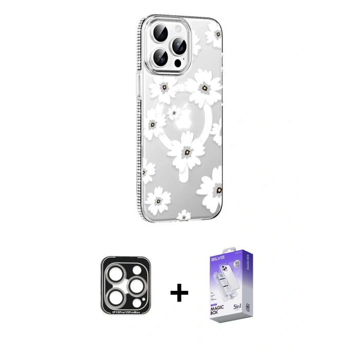 MARSİLYAN™- iPhone 15 Pro Max Kılıf Yörünge Işık Prime - Siyah Bilvis 5in1 3D Magic Cam Ekran Koruyucu + PVD Metal Kamera Lens - GS