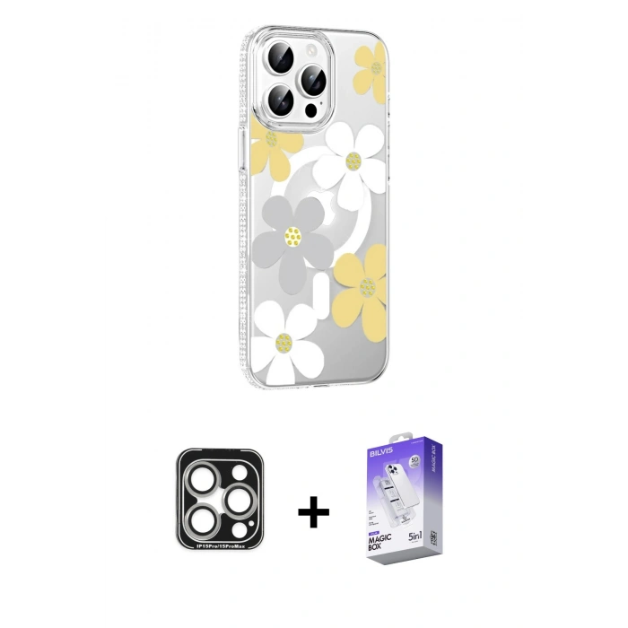 MARSİLYAN™- iPhone 15 Pro Max Kılıf Yörünge Işık Prime - Siyah Bilvis 5in1 3D Magic Cam Ekran Koruyucu + PVD Metal Kamera Lens - GS