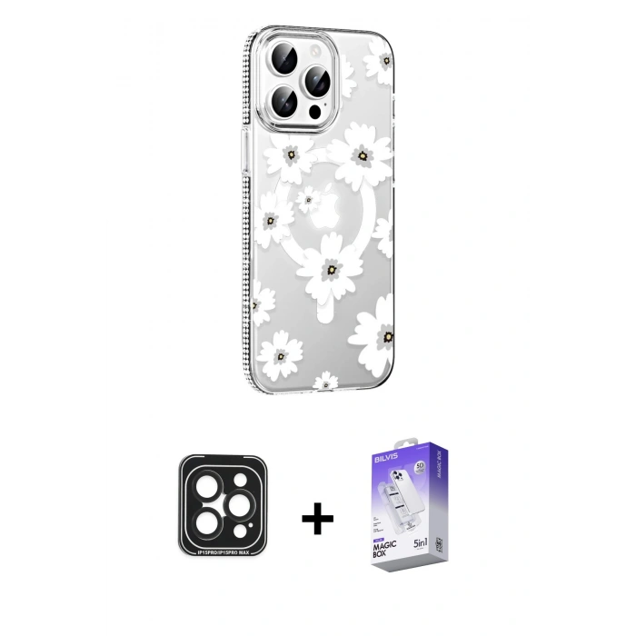 MARSİLYAN™- iPhone 15 Pro Max Kılıf Yörünge Işık Prime - Siyah Bilvis 5in1 3D Magic Cam Ekran Koruyucu + Siyah PVD Metal Kamera Lens