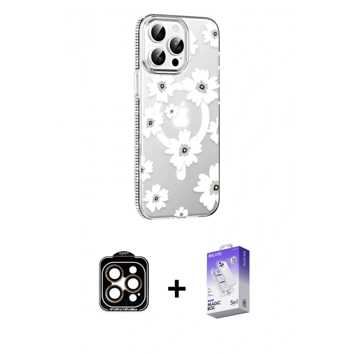 MARSİLYAN™- iPhone 15 Pro Max Kılıf Yörünge Işık Prime - Siyah Bilvis 5in1 3D Magic Cam Ekran Koruyucu + Turuncu PVD Metal Kamera Lens