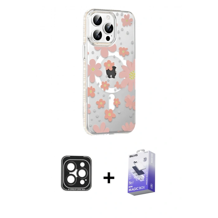 MARSİLYAN™- iPhone 15 Pro Max Kılıf Yörünge Işık Prime - Siyah Bilvis 5in1 5D Magic Hayalet Cam Ekran Koruyucu + Siyah PVD Metal Kamera Lens