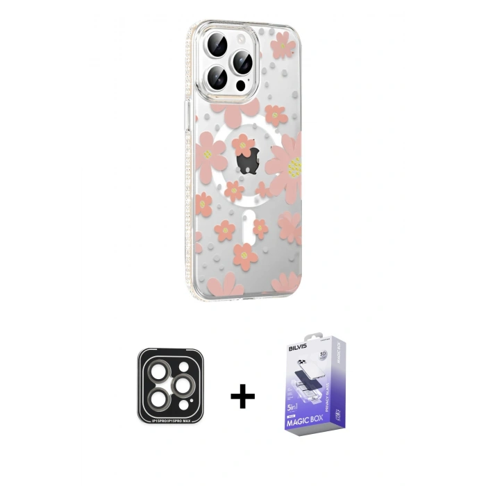 MARSİLYAN™- iPhone 15 Pro Max Kılıf Yörünge Işık Prime - Siyah Bilvis 5in1 5D Magic Hayalet Cam Ekran Koruyucu + Gri PVD Metal Kamera Lens