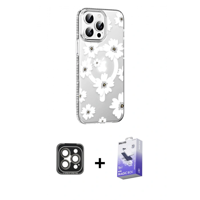 MARSİLYAN™- iPhone 15 Pro Max Kılıf Yörünge Işık Prime - Siyah Bilvis 5in1 5D Magic Hayalet Cam Ekran Koruyucu + Gri PVD Metal Kamera Lens