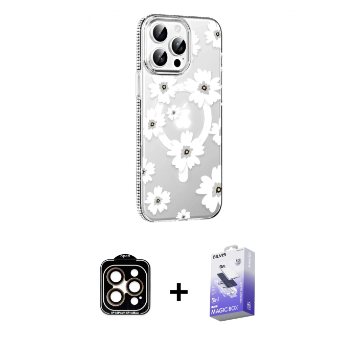 MARSİLYAN™- iPhone 15 Pro Max Kılıf Yörünge Işık Prime - Siyah Bilvis 5in1 5D Magic Hayalet Cam Ekran Koruyucu + Turuncu PVD Metal Kamera Lens