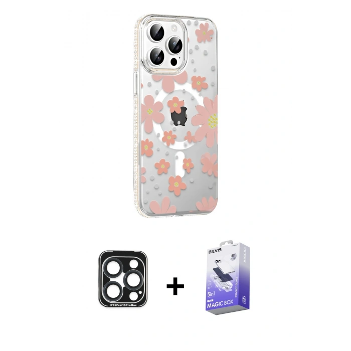 MARSİLYAN™- iPhone 15 Pro Max Kılıf Yörünge Işık Prime - Siyah Bilvis 5in1 5D Magic Hayalet Cam Ekran Koruyucu + PVD Metal Kamera Lens - LT