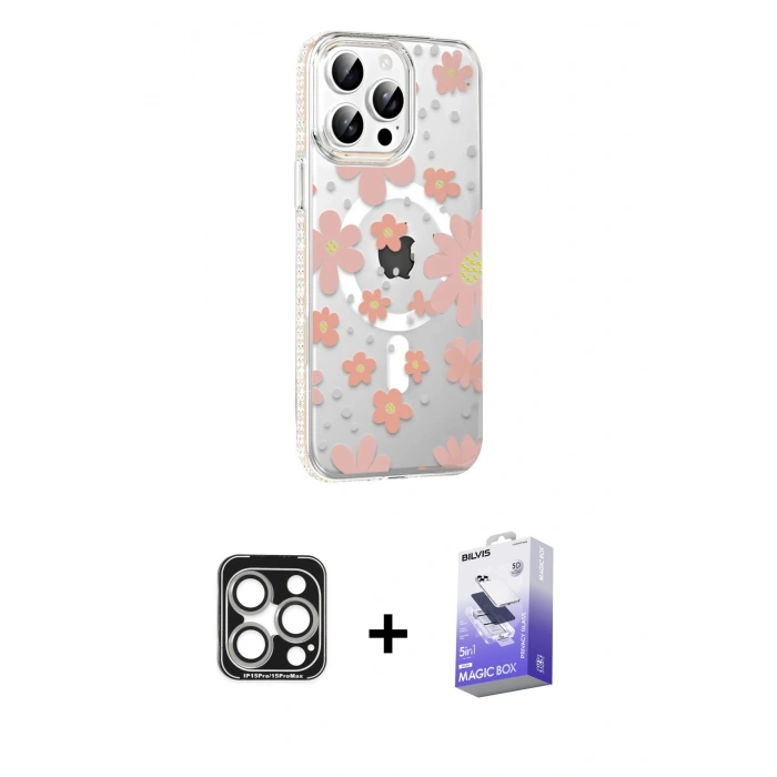 MARSİLYAN™- iPhone 15 Pro Max Kılıf Yörünge Işık Prime - Siyah Bilvis 5in1 5D Magic Hayalet Cam Ekran Koruyucu + PVD Metal Kamera Lens - GS
