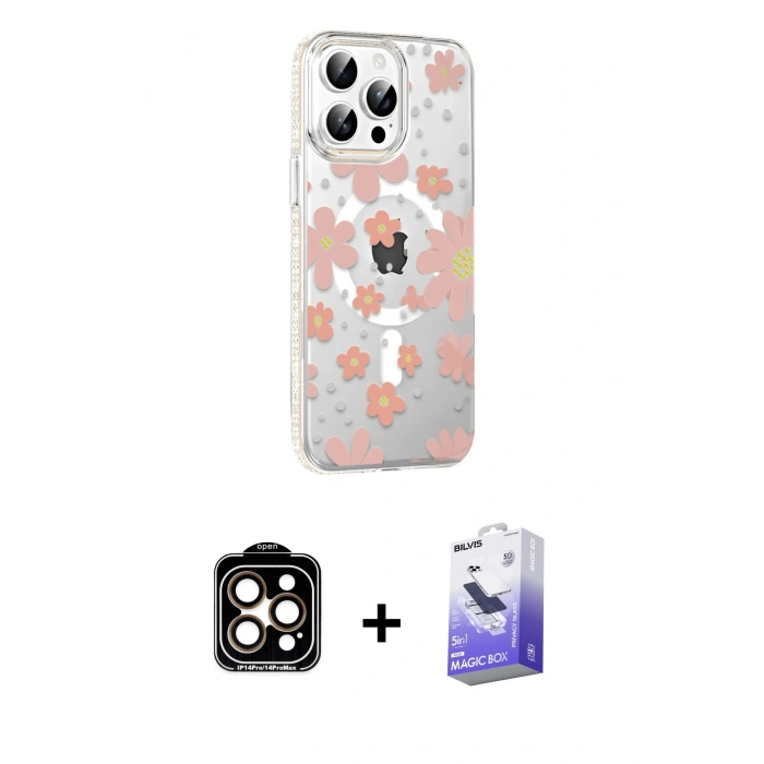 MARSİLYAN™- iPhone 15 Pro Max Kılıf Yörünge Işık Prime - Siyah Bilvis 5in1 5D Magic Hayalet Cam Ekran Koruyucu + Turuncu PVD Metal Kamera Lens