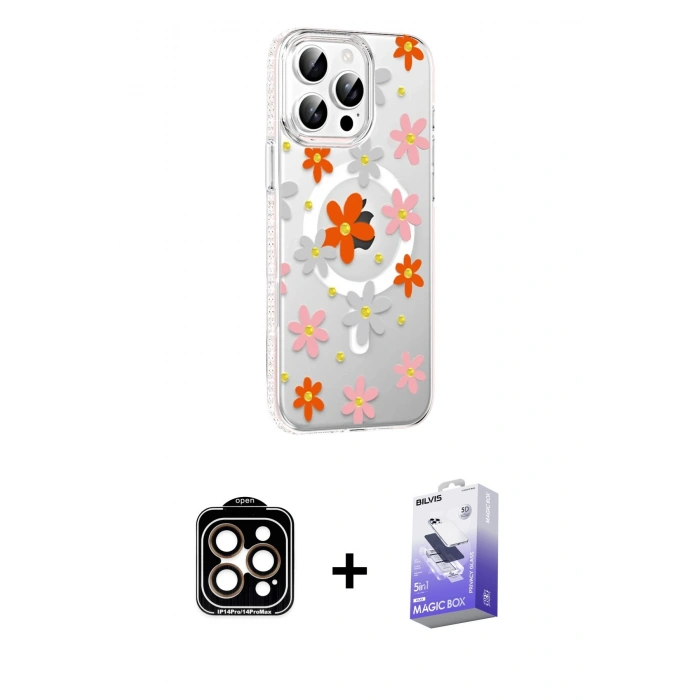 MARSİLYAN™- iPhone 15 Pro Max Kılıf Yörünge Işık Prime - Siyah Bilvis 5in1 5D Magic Hayalet Cam Ekran Koruyucu + Turuncu PVD Metal Kamera Lens