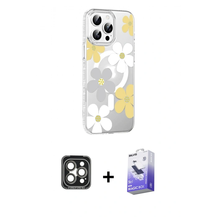 MARSİLYAN™- iPhone 15 Pro Max Kılıf Yörünge Işık Prime - Siyah Bilvis 5in1 5D Magic Hayalet Cam Ekran Koruyucu + Gri PVD Metal Kamera Lens
