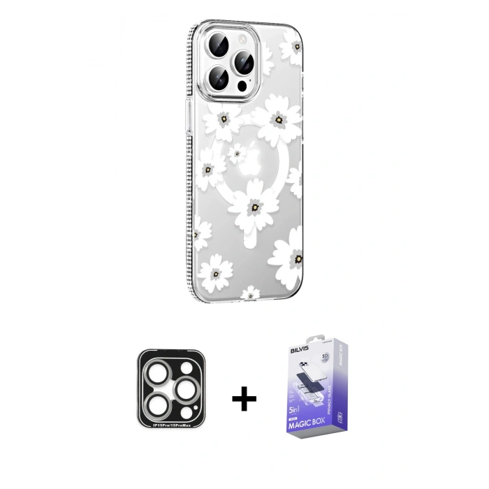 MARSİLYAN™- iPhone 15 Pro Max Kılıf Yörünge Işık Prime - Siyah Bilvis 5in1 5D Magic Hayalet Cam Ekran Koruyucu + PVD Metal Kamera Lens - GS