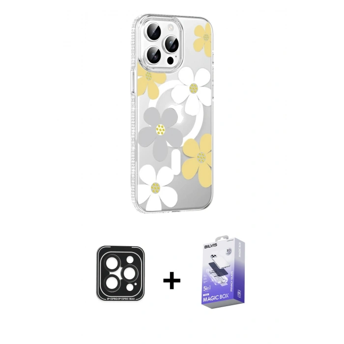 MARSİLYAN™- iPhone 15 Pro Max Kılıf Yörünge Işık Prime - Siyah Bilvis 5in1 5D Magic Hayalet Cam Ekran Koruyucu + Siyah PVD Metal Kamera Lens