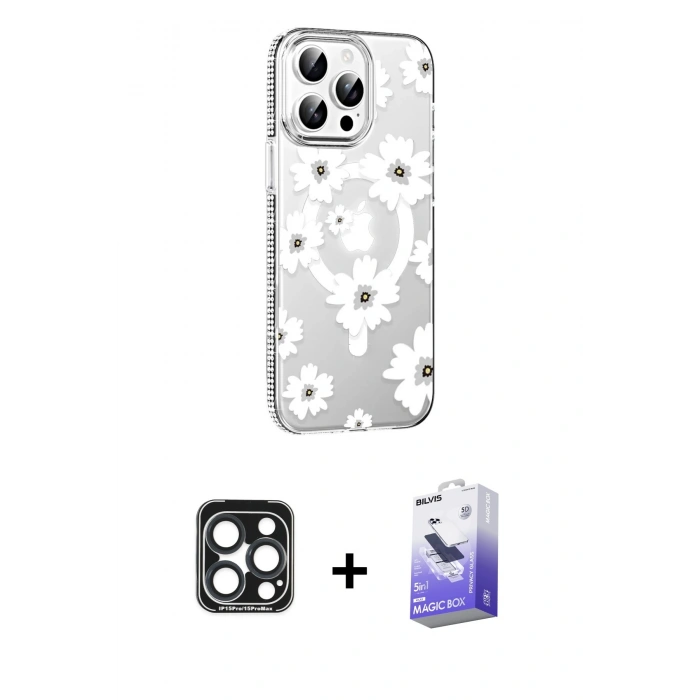 MARSİLYAN™- iPhone 15 Pro Max Kılıf Yörünge Işık Prime - Siyah Bilvis 5in1 5D Magic Hayalet Cam Ekran Koruyucu + PVD Metal Kamera Lens - LT