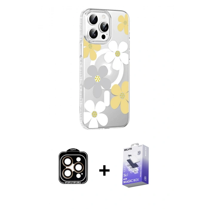 MARSİLYAN™- iPhone 15 Pro Max Kılıf Yörünge Işık Prime - Siyah Bilvis 5in1 5D Magic Hayalet Cam Ekran Koruyucu + Turuncu PVD Metal Kamera Lens