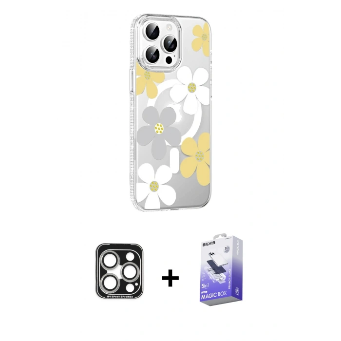 MARSİLYAN™- iPhone 15 Pro Max Kılıf Yörünge Işık Prime - Siyah Bilvis 5in1 5D Magic Hayalet Cam Ekran Koruyucu + PVD Metal Kamera Lens - GS