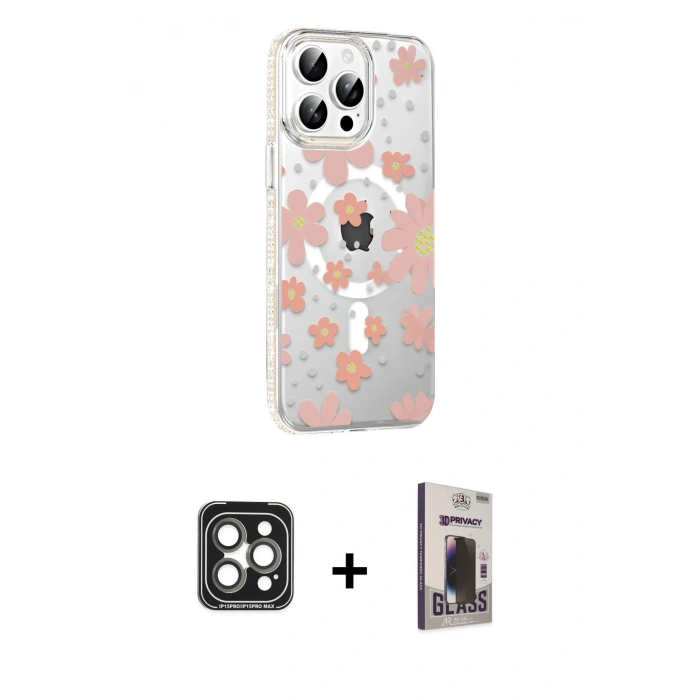 MARSİLYAN™- iPhone 15 Pro Max Kılıf Yörünge Işık Prime - Siyah Bilvis Hayalet Cam Ekran Koruyucu + PVD Metal Kamera Lens - GI