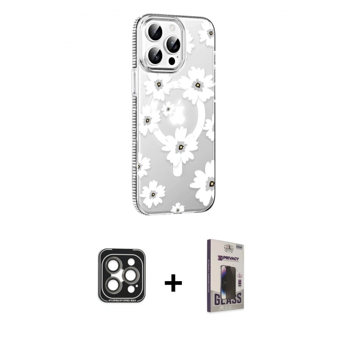 MARSİLYAN™- iPhone 15 Pro Max Kılıf Yörünge Işık Prime - Siyah Bilvis Hayalet Cam Ekran Koruyucu + PVD Metal Kamera Lens - GI