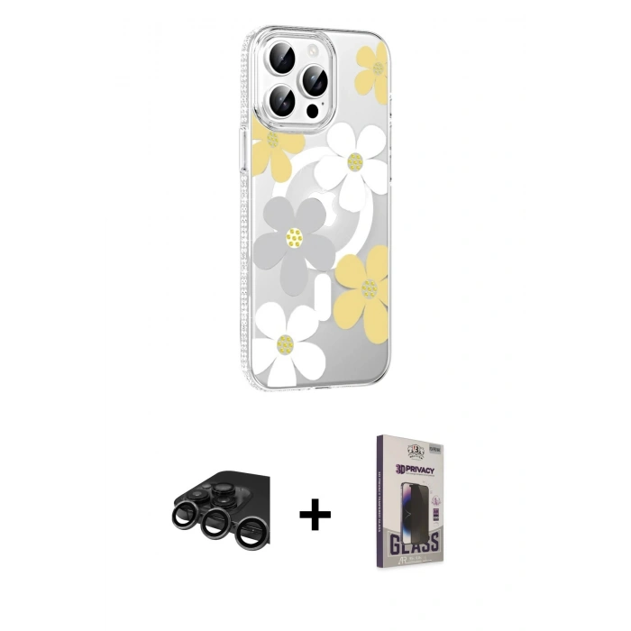 MARSİLYAN™- iPhone 15 Pro Max Kılıf Yörünge Işık Prime - Siyah Bilvis Hayalet Cam Ekran Koruyucu + Raze Metal Kamera Lens - TMGI