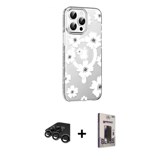 MARSİLYAN™- iPhone 15 Pro Max Kılıf Yörünge Işık Prime - Siyah Bilvis Hayalet Cam Ekran Koruyucu + Raze Metal Kamera Lens - TMGI