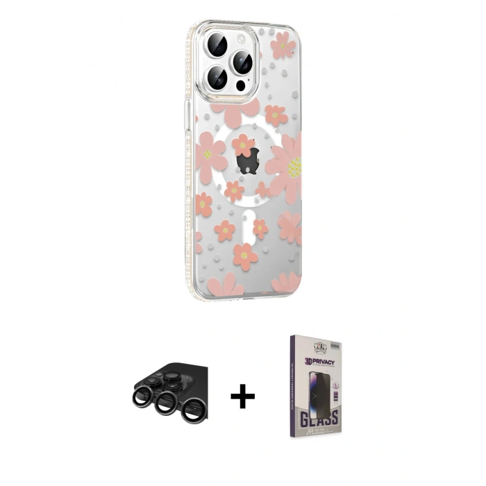 MARSİLYAN™- iPhone 15 Pro Max Kılıf Yörünge Işık Prime - Siyah Bilvis Hayalet Cam Ekran Koruyucu + Raze Metal Kamera Lens - TMGI