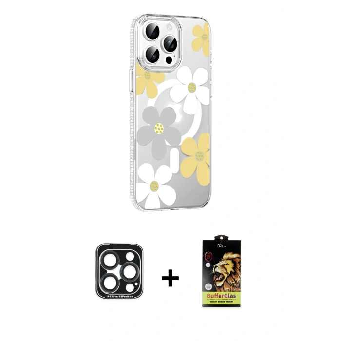 MARSİLYAN™- iPhone 15 Pro Max Kılıf Yörünge Işık Prime - Siyah Buffer Cam Ekran Koruyucu + PVD Metal Kamera Lens - LT