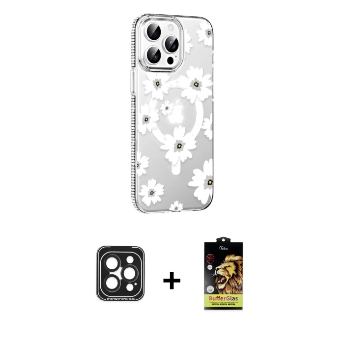 MARSİLYAN™- iPhone 15 Pro Max Kılıf Yörünge Işık Prime - Siyah Buffer Cam Ekran Koruyucu + PVD Metal Kamera Lens - SH