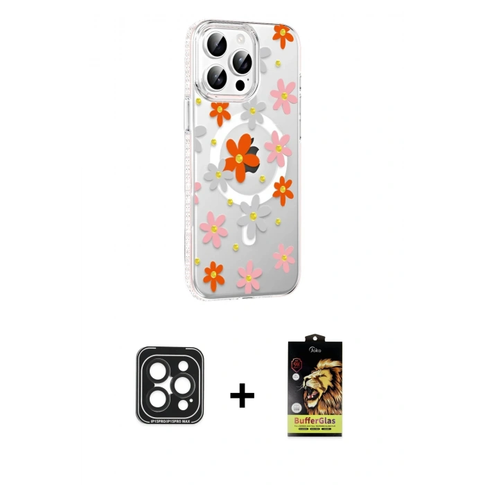 MARSİLYAN™- iPhone 15 Pro Max Kılıf Yörünge Işık Prime - Siyah Buffer Cam Ekran Koruyucu + PVD Metal Kamera Lens - SH