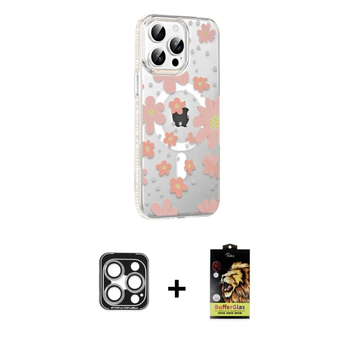 MARSİLYAN™- iPhone 15 Pro Max Kılıf Yörünge Işık Prime - Siyah Buffer Cam Ekran Koruyucu + PVD Metal Kamera Lens - GS