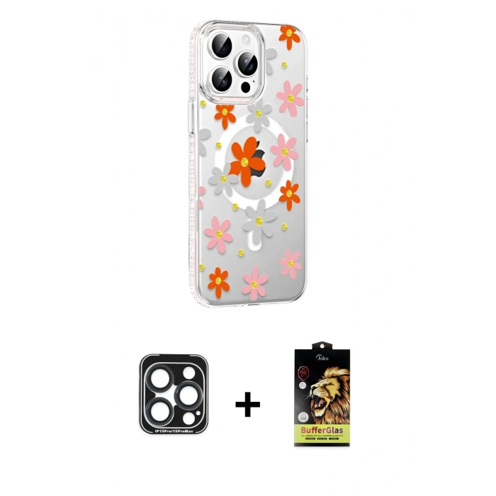 MARSİLYAN™- iPhone 15 Pro Max Kılıf Yörünge Işık Prime - Siyah Buffer Cam Ekran Koruyucu + PVD Metal Kamera Lens - LT