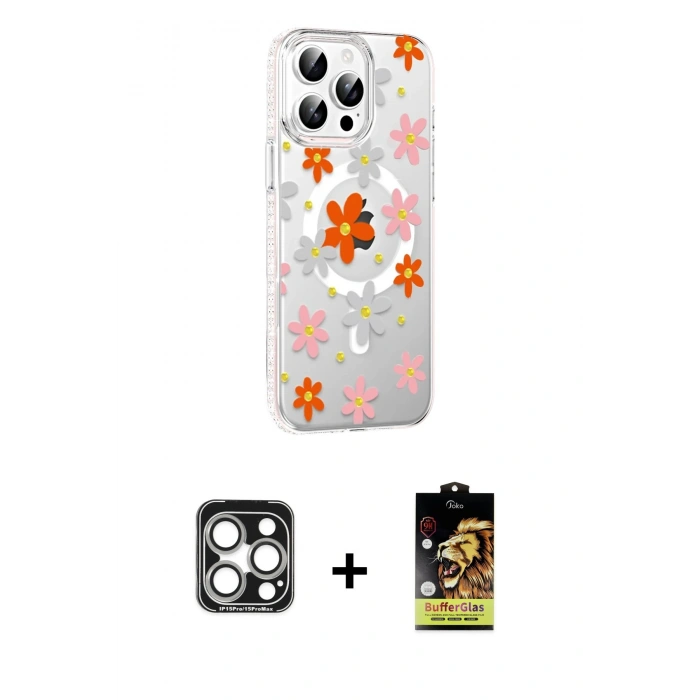 MARSİLYAN™- iPhone 15 Pro Max Kılıf Yörünge Işık Prime - Siyah Buffer Cam Ekran Koruyucu + PVD Metal Kamera Lens - GS