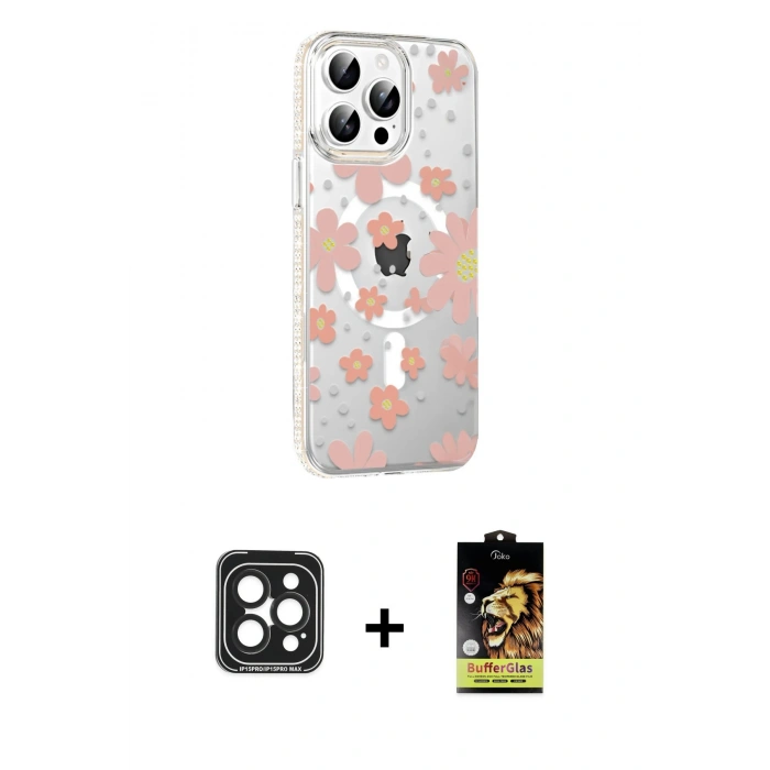 MARSİLYAN™- iPhone 15 Pro Max Kılıf Yörünge Işık Prime - Siyah Buffer Cam Ekran Koruyucu + PVD Metal Kamera Lens - SH