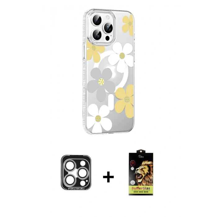 MARSİLYAN™- iPhone 15 Pro Max Kılıf Yörünge Işık Prime - Siyah Buffer Cam Ekran Koruyucu + PVD Metal Kamera Lens - GS