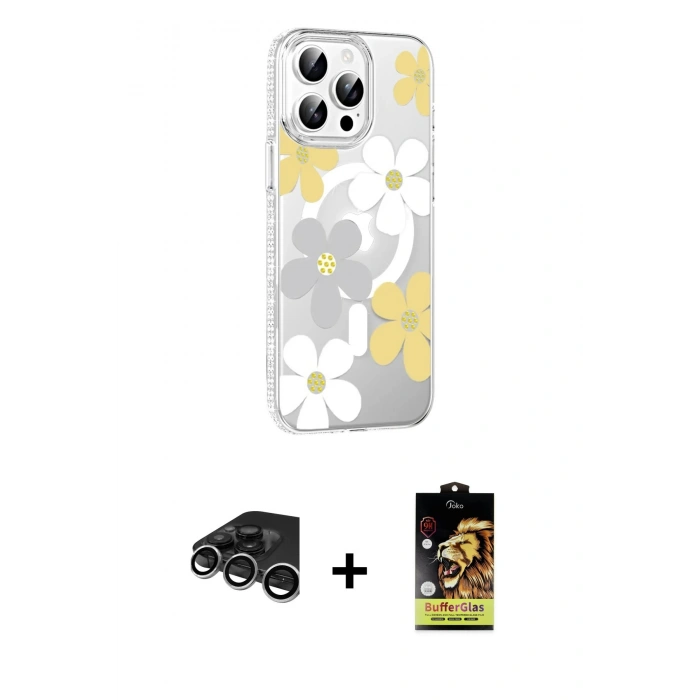 MARSİLYAN™- iPhone 15 Pro Max Kılıf Yörünge Işık Prime - Siyah Buffer Cam Ekran Koruyucu + Raze Metal Kamera Lens - GS