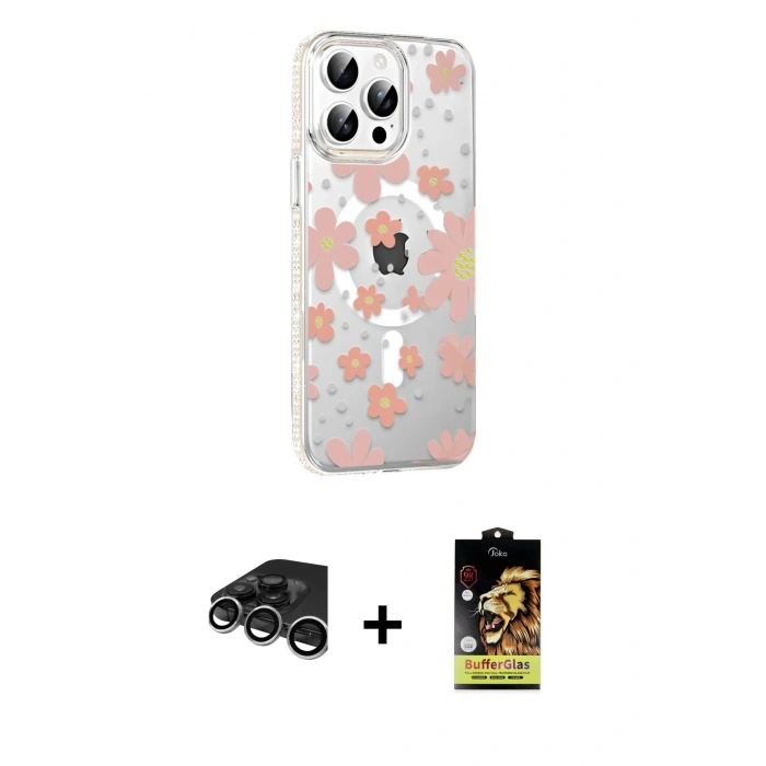 MARSİLYAN™- iPhone 15 Pro Max Kılıf Yörünge Işık Prime - Siyah Buffer Cam Ekran Koruyucu + Raze Metal Kamera Lens - GS