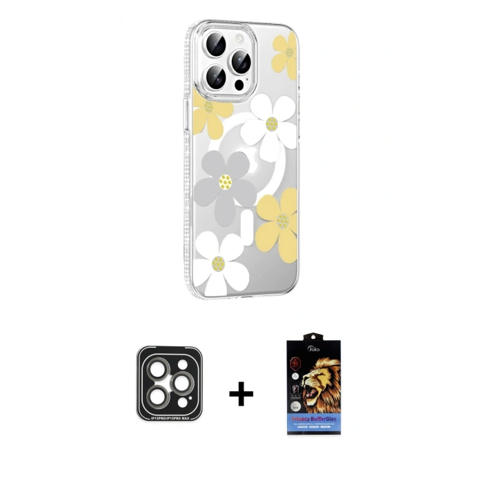 MARSİLYAN™- iPhone 15 Pro Max Kılıf Yörünge Işık Prime - Siyah Buffer Hayalet Cam Ekran Koruyucu + PVD Metal Kamera Lens - GI