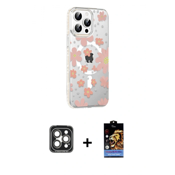 MARSİLYAN™- iPhone 15 Pro Max Kılıf Yörünge Işık Prime - Siyah Buffer Hayalet Cam Ekran Koruyucu + PVD Metal Kamera Lens - GI
