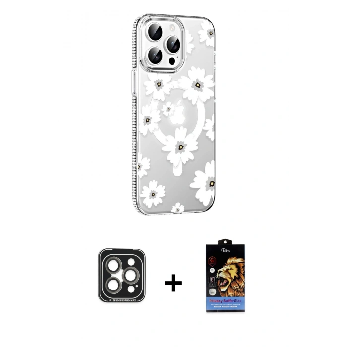 MARSİLYAN™- iPhone 15 Pro Max Kılıf Yörünge Işık Prime - Siyah Buffer Hayalet Cam Ekran Koruyucu + PVD Metal Kamera Lens - GI