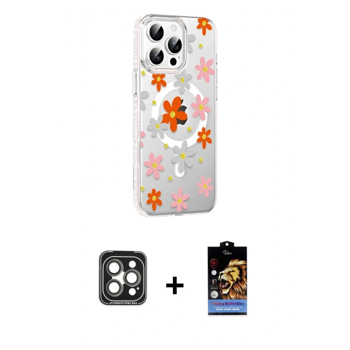 MARSİLYAN™- iPhone 15 Pro Max Kılıf Yörünge Işık Prime - Siyah Buffer Hayalet Cam Ekran Koruyucu + PVD Metal Kamera Lens - GI