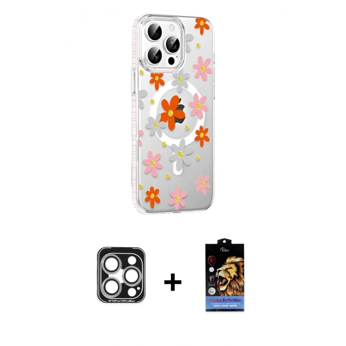 MARSİLYAN™- iPhone 15 Pro Max Kılıf Yörünge Işık Prime - Siyah Buffer Hayalet Cam Ekran Koruyucu + Gümüş PVD Metal Kamera Lens